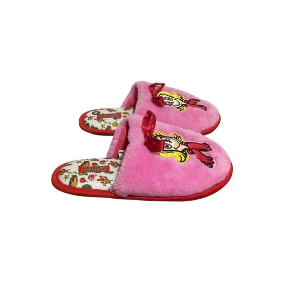 Cindy Lou Who Grinch Pink Plush Slippers With Bow & Cartoon Print For Kids Size - Picture 1 of 9